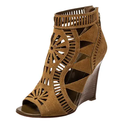 Sergio Rossi Brown Laser Cut Suede Open Toe Booties Size