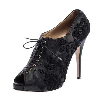 Valentino Black Leather Floral Embroidered Peep Toe Ankle Booties Size