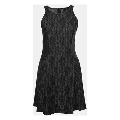 Sea Black Lace and Distressed Leather Panel Dress