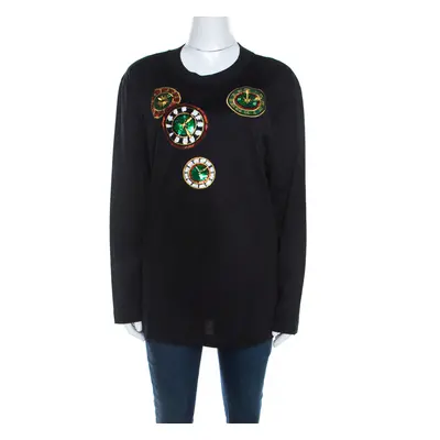 Escada Black Rib Knit Cotton Embellished Clock Applique Long Sleeve Top