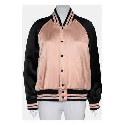 Saint Laurent Paris Black & Pink Satin Button Front Bomber Jacket