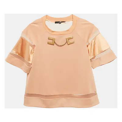 Elisabetta Franchi Light Orange Logo Plaque Tulle Trim Jersey Top