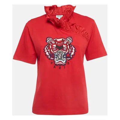 Kenzo Red Tiger Logo Embroidered Cotton Ruffle Neck T-Shirt