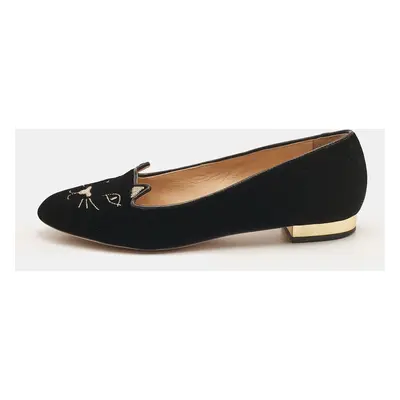 Charlotte Olympia Black Velvet Embroidered Kitty Ballet Flats Size 38.5