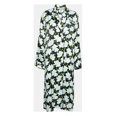 Off-White Blue Floral Printed Satin Open Front Lightweight Coat