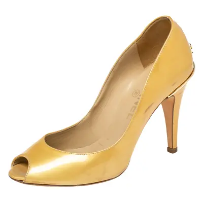 Chanel Gold Patent Leather CC Peep Toe Pumps Size 36.5