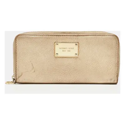 Michael Kors Gold Leather Jet Set Zip Around Continental Wallet