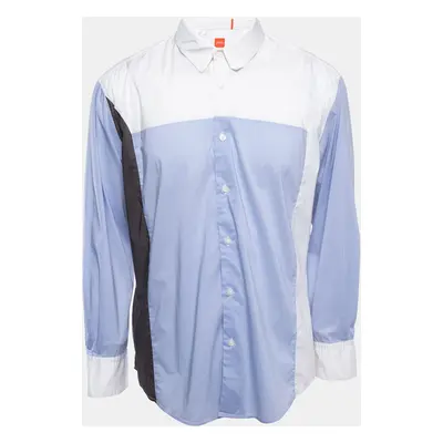 Boss Orange By Hugo Boss White/Blue Cotton Blend Button Front Full Sleeve Shirt