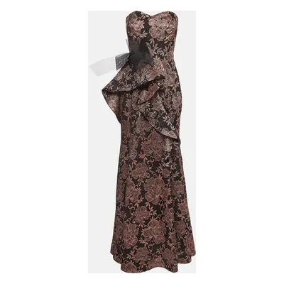 Badgley Mischka Couture Black/Metallic Floral Jacquard Strapless Gown