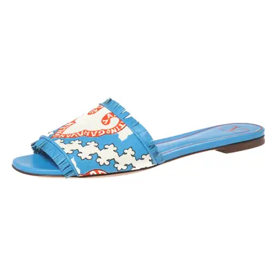 Valentino Blue Canvas Flower Palm Leaf Flat Slides Size