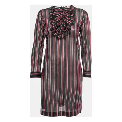 N21 Burgundy/Black Striped Cotton Blend Long Sleeve Short Dress