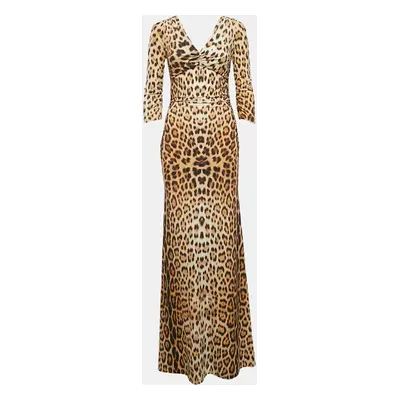 Roberto Cavalli Brown Leopard Print Jersey Ruched Maxi Dress