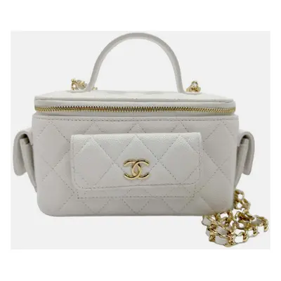 Chanel White Caviar Quilted Polly Pocket East West Top Vanity With Chain