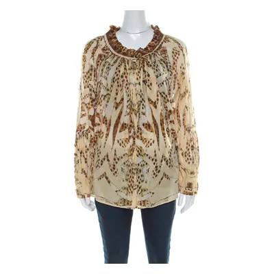 Roberto Cavalli Beige Leopard Printed Cotton Ruched Neckline Poet Blouse