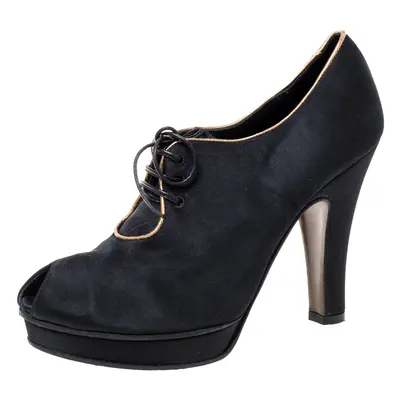 Fendi Black Satin Platform Peep Toe Lace Up Ankle Booties Size