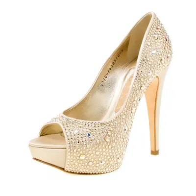 Gina Beige Satin Crystal Embellished Peep Toe Platform Pumps Size