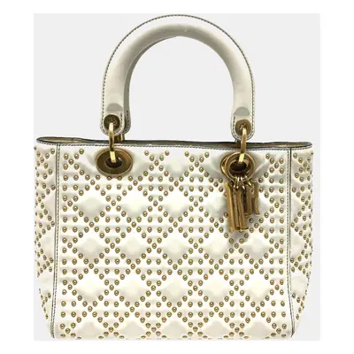 Dior White Leather Studded Lady Dior Top Handle Bags