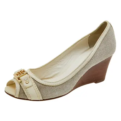 Tory Burch Grey/Cream Canvas And Leather Wedge Peep Toe Pumps Size 37.5