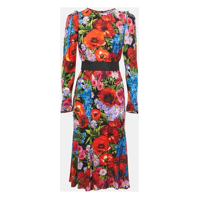 Dolce & Gabbana Black/Multicolor Floral Printed Stretch Silk Midi Dress