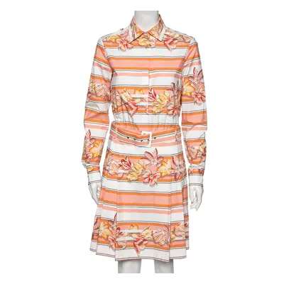 Salvatore Ferragamo Multicolor Printed Cotton Belted Long Sleeve Shirt Dress