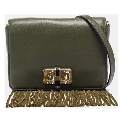 Diane Von Furstenberg Green Leather Fringe Flap Crossbody Bag