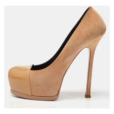 Saint Laurent Beige Suede and Patent Leather Cap Toe Tribtoo Platform Pumps Size