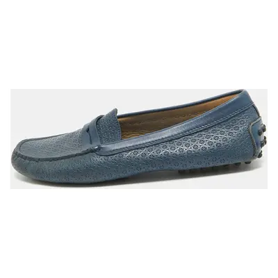 Tod's Navy Blue Leather Laser Cut Penny Loafers Size