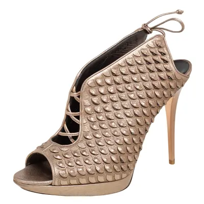 Salvatore Ferragamo Metallic Beige Python Embossed Leather Studded Slingback Sandals Size