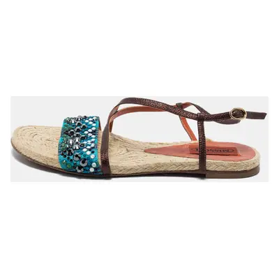 Missoni Blue/Dark Brown Crystal Embellished Fabric and Leather Ankle Strap Flat Sandals Size