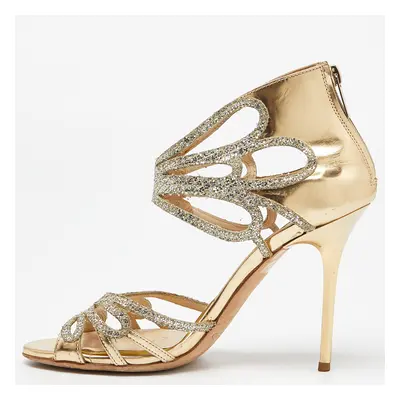 Jimmy Choo Gold Laminated Leather and Glitter Zip Sandals Size