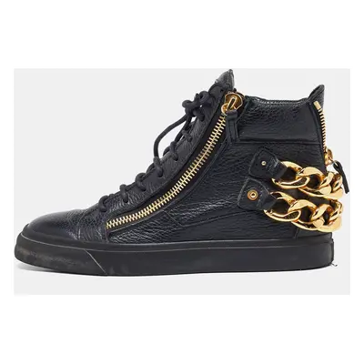 Giuseppe Zanotti Black Leather Chain Embellished High Top Sneakers Size