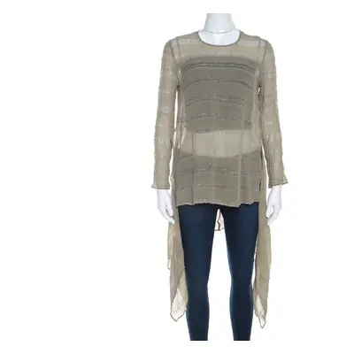 Giorgio Armani Sage Green Sheer Linen Silk Asymmetric Hem Long Sleeve Blouse