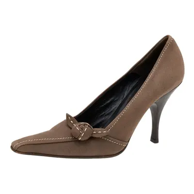 Prada Khaki Brown Stitch Leather Knot Pointed Toe Pumps Size 37.5