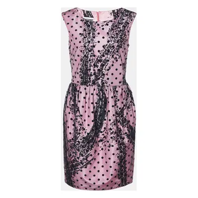 Moschino Couture Pink Printed Satin & Polka Dot Tulle Sleeveless Sheath Dress