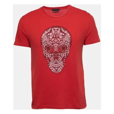 Alexander McQueen Red Ornamental Skull Print Cotton T-Shirt