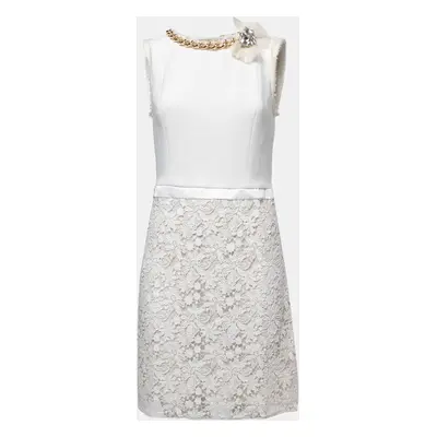 Elisabetta Franchi White Floral Lace Chain Detail Mini Dress