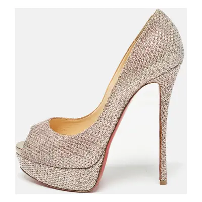 Christian Louboutin Metallic Pink Glitter Fabric Lady Peep Pumps Size 38.5