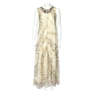 Class by Roberto Cavalli Beige Printed Silk Chiffon Embellished Neck Detail Sleeveless Dress