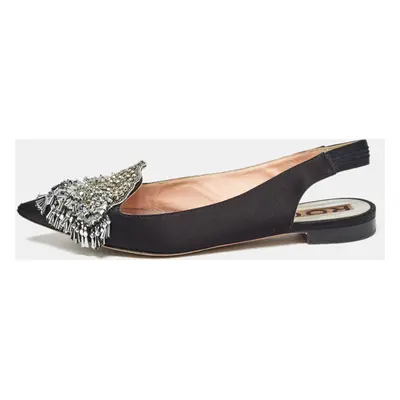 Rochas Black Satin Crystal Embellished Flat Slingback Sandals Size