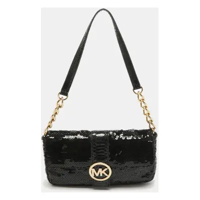 Michael Kors Black Python Embossed and Sequins Logo Flap Shoulder Bag