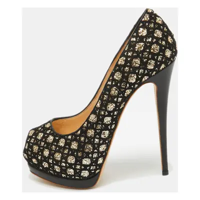 Giuseppe Zanotti Black/Gold Mesh and Glitter Platform Pumps Size