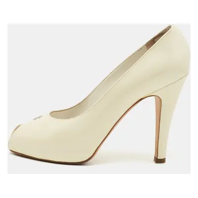 Chanel Cream Patent Leather CC Peep Toe Pumps Size 39.5