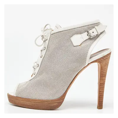 Hermes Grey/White Canvas and Leather Peep Toe Lace Up Slingback Booties Size