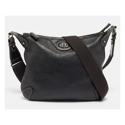 Aigner Black Leather Logo Messenger Bag