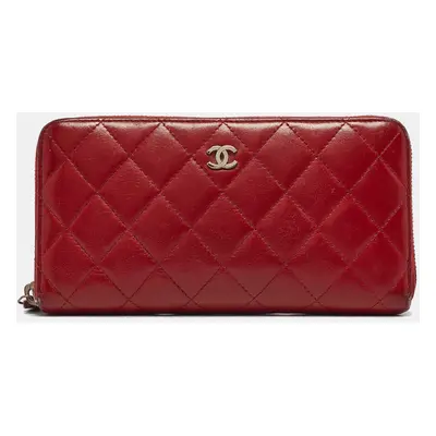 Chanel Red Quilted Leather CC Zip Continental Wallet