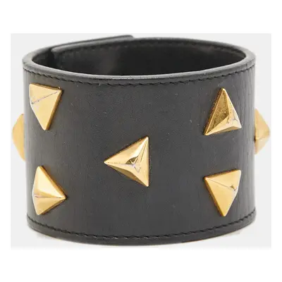 Saint Laurent Paris Black Triangle Studs Leather Gold Tone Cuff Bracelet