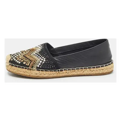 Le Silla Black Leather and Embellished Suede Espadrille Flats Size