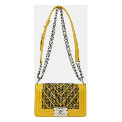 Chanel Yellow Tweed V Stitch Boy Small Double Chain Shoulder Bag