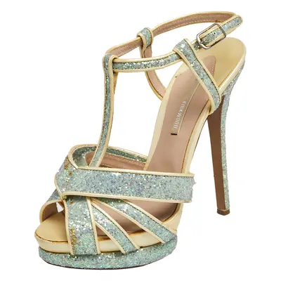 Nicholas Kirkwood Blue/Cream Patent Leather and Glitter T Strap Platform Sandals Size 37.5