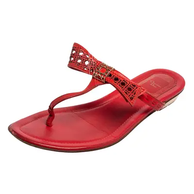 Dior Coral Red Leather Cannage Bow Thong Flats Size